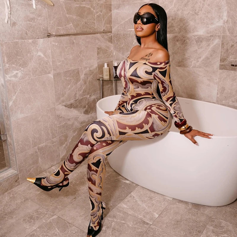 CUTENOVA Fall Colorful Printed WomenS Jumpsuit OneShoulder Strapless Long Sleeves Slim Fit Elastic Ankles Female 251028