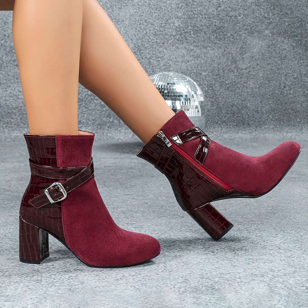 1Pr Elegant Bury Ankle - Women's Round Toe Block Heel Dress Boots Side Zipper, Winter Comfort High Heels With PVC Sole And Flannel Insole