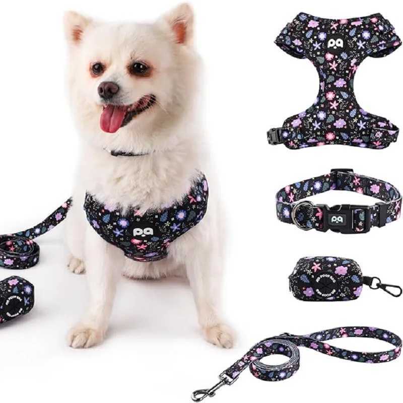 Dog harness collar leash bracket with poo bag 4 sets adjustable nonpull soft net cushion back heart combination J251129