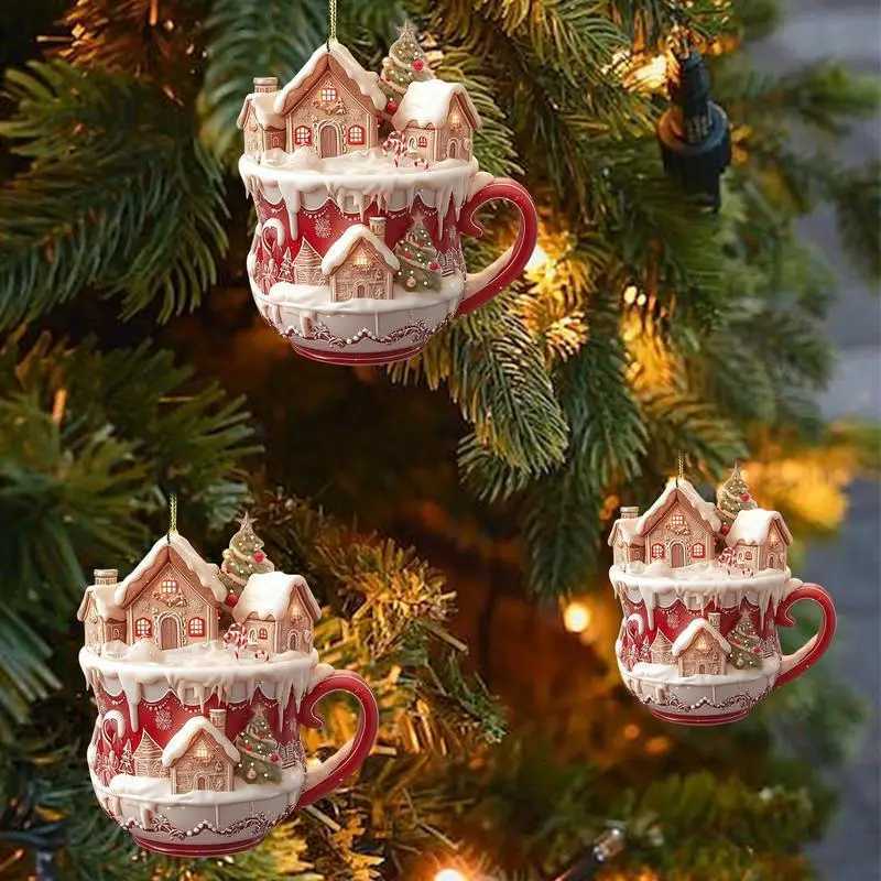 Acrylic coffee cup ornament 2D Art Keychain Pendant Christmas Snow House Pendant Decoration Christmas tree pendant decoration C251030