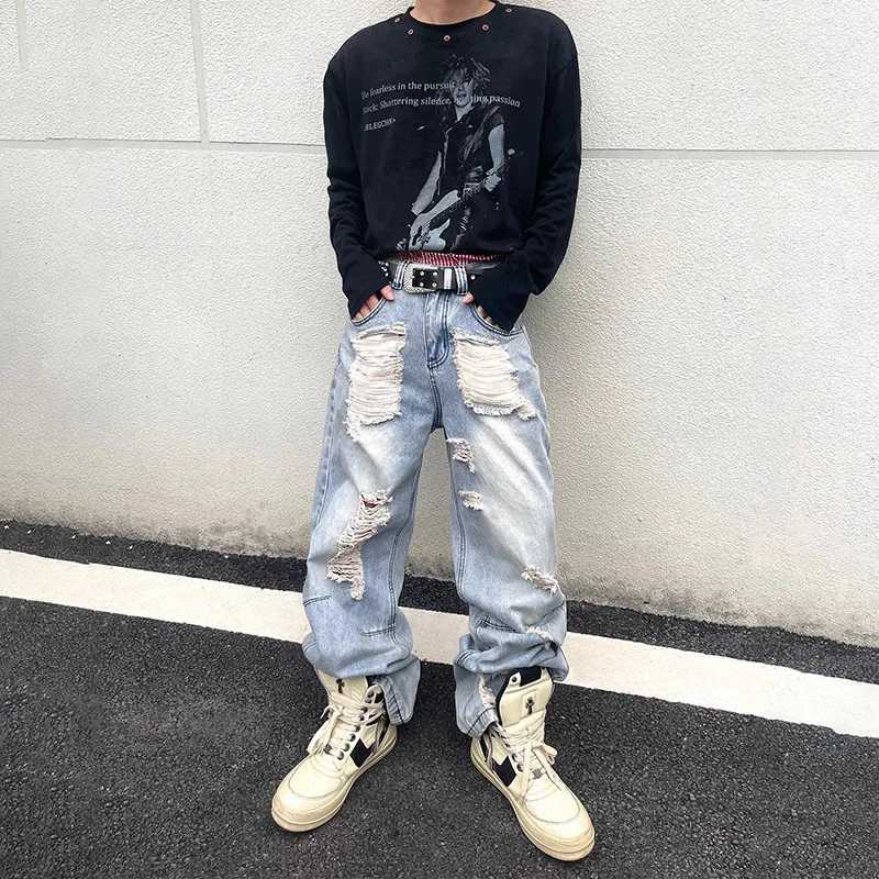 Autumn Korean Version High Street Ripped Jeans MenS Loose Straight Leg Beggar Pants Micro Flared Pants Casual Pants J251030