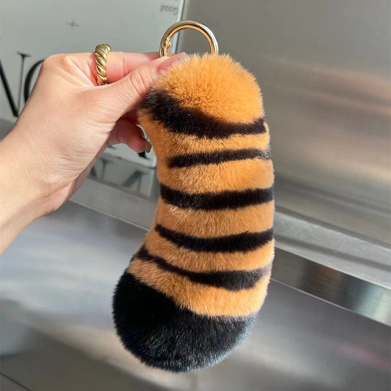 Lovely Tiger Tail Rex Rabbit Fur Car Keychain Plush Decoration for Women's School Bags