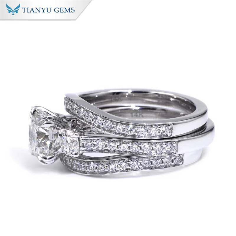 Tianyu Gems Customization 80mm 2ct Round HA Cut Moissanite D VVS1 14k White Gold Ring Set for Women Birthday Gift