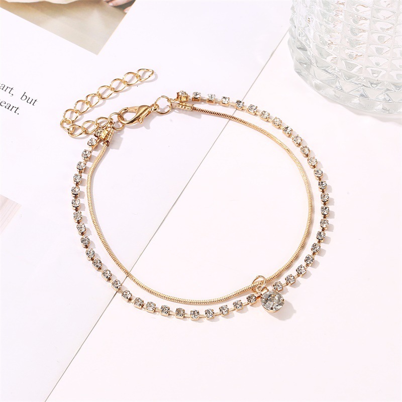 Style Personality Copper Double Layer Inlaid Dia Snake Bone Chain Anklet Women's Beach Foot Jewelry
