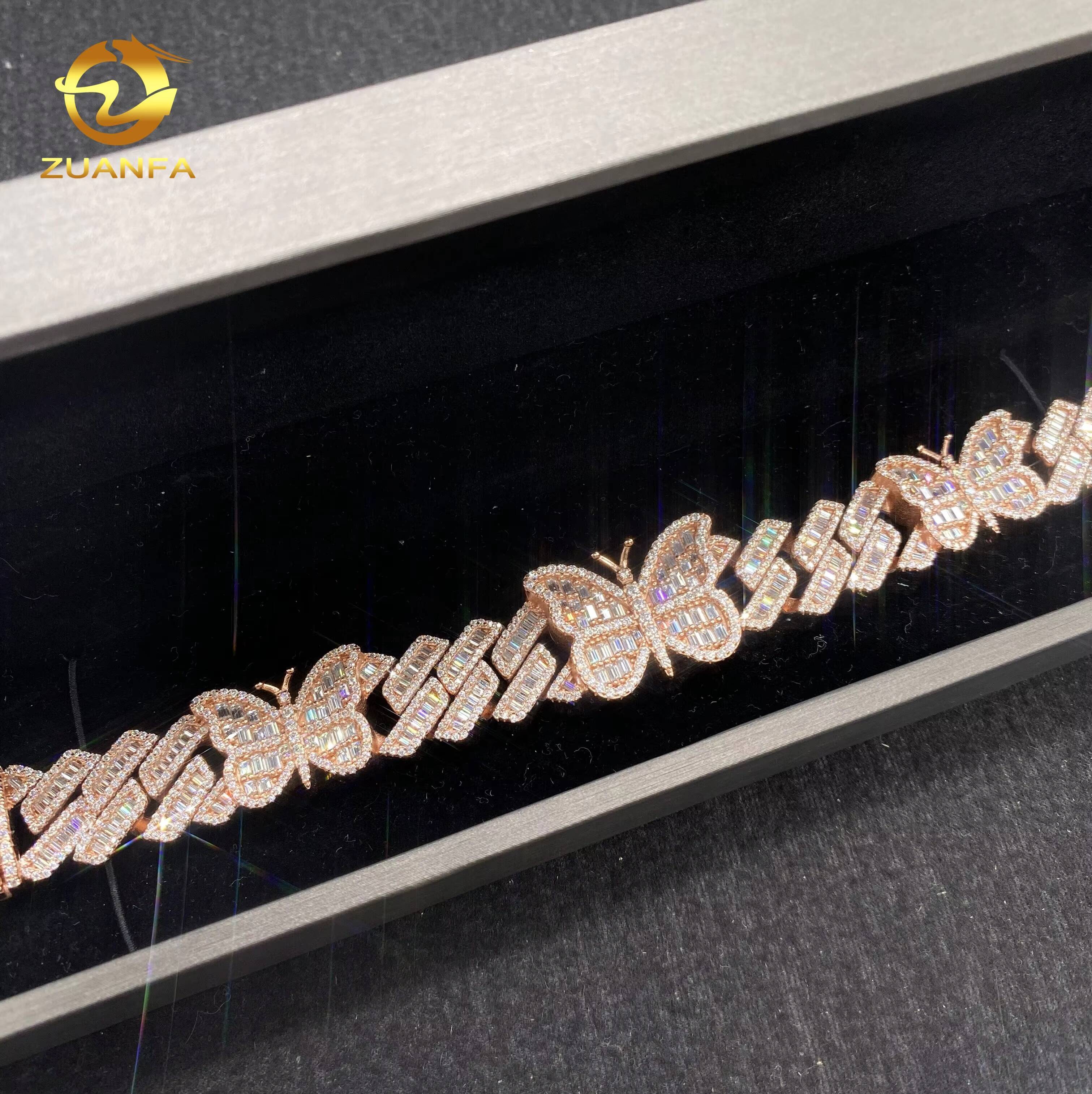 VVS D Moissanite Hip Hop Moissanite Custom Iced Out Rose Gold Bracelet 925 Silver Jewelry Diamond Butterfly Charm Pendant