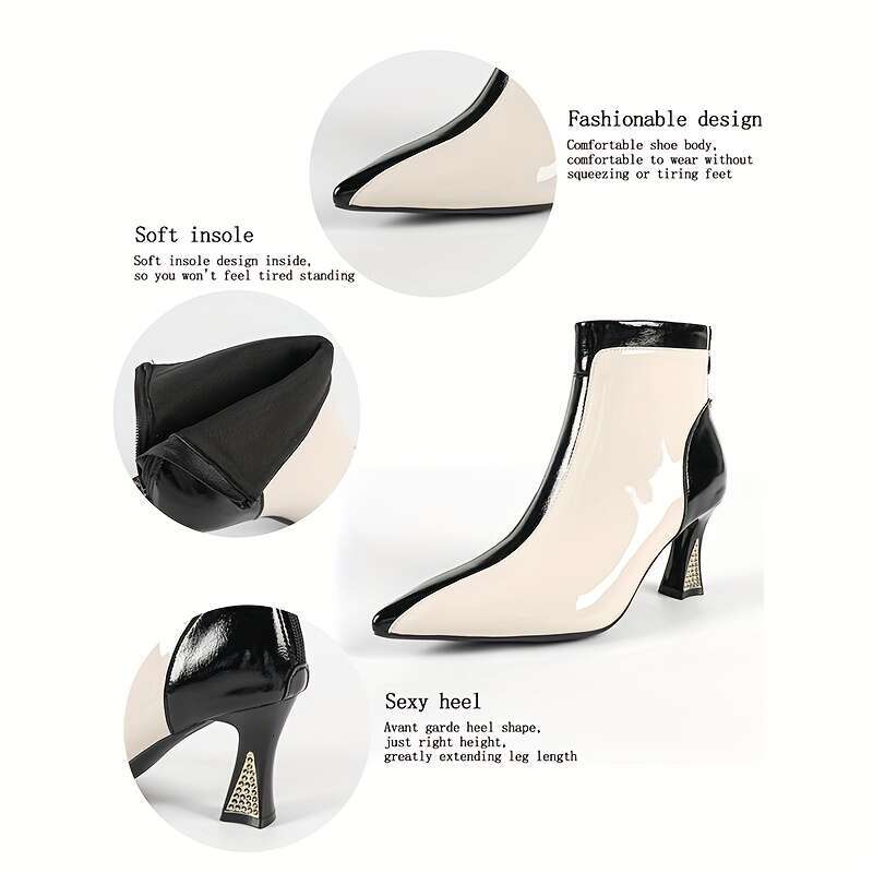 Women's Elegant Chunky Ankle Boots - Pointed Toe, Black White Color Block PU Cover Upper TPU Sole, Zipper Closure, Retro Style For Casual & Wear,