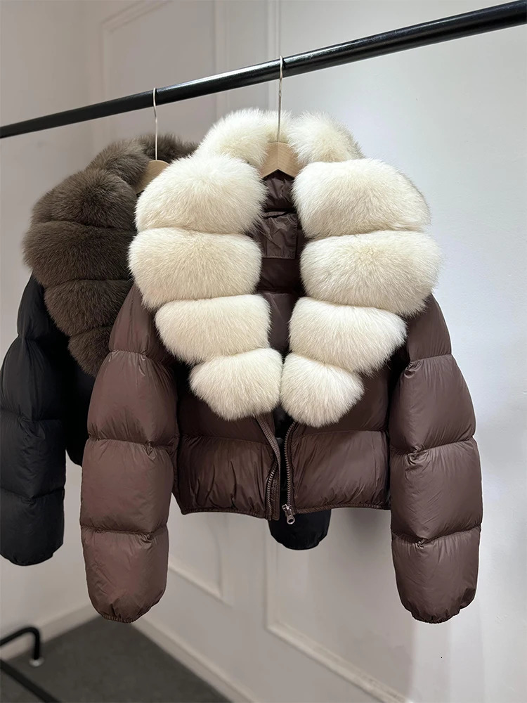 Janveny Puffer Jacket Women With Large Natural Fox Fur Collar Short Fluffy Thick Parkas Female 90 White Duck Down Coat 251023