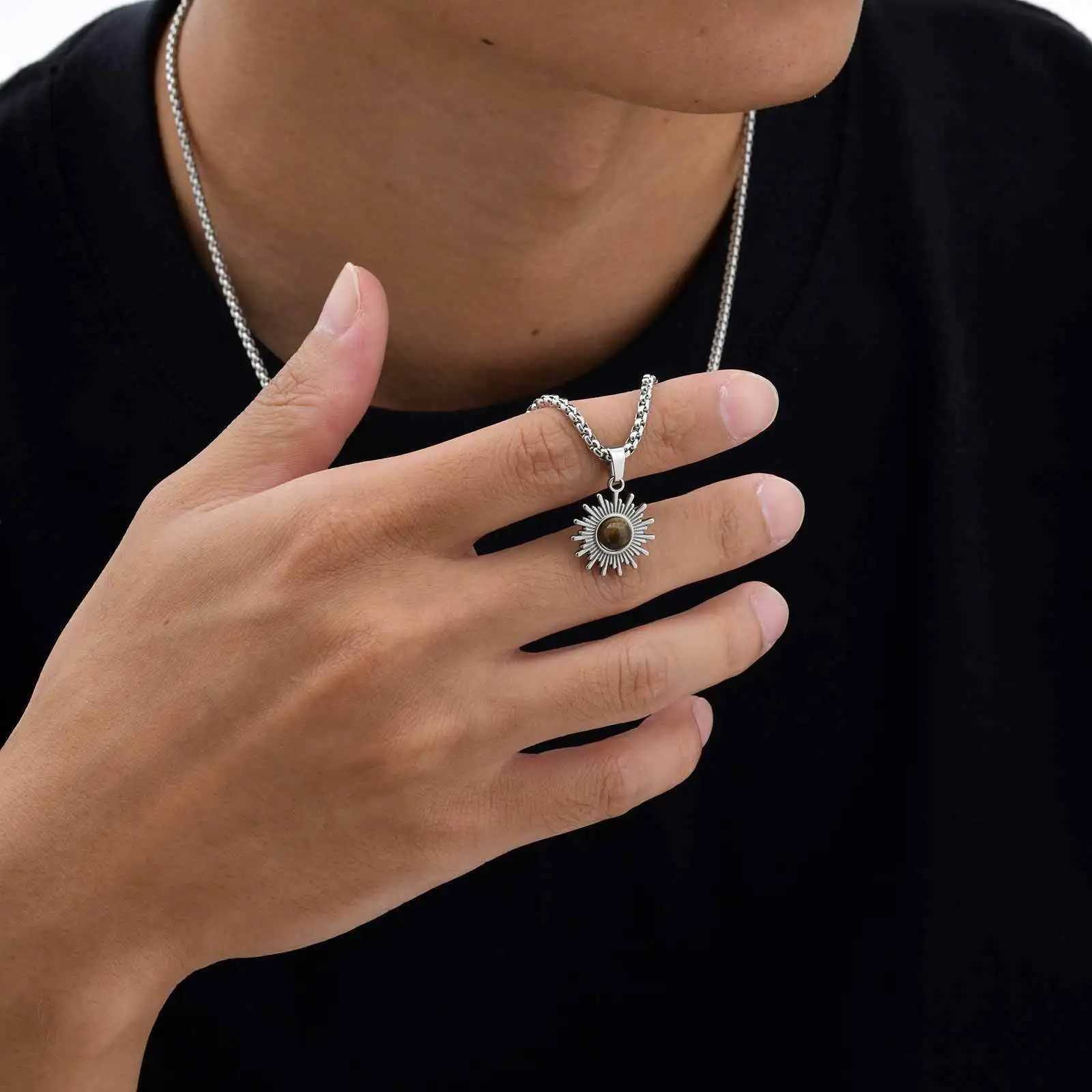 Trendy Sunflower Necklace for Men BoysStainless Steel Natural Stone PendantJewelry Gift for Husband Dad Son BBFXJ251030