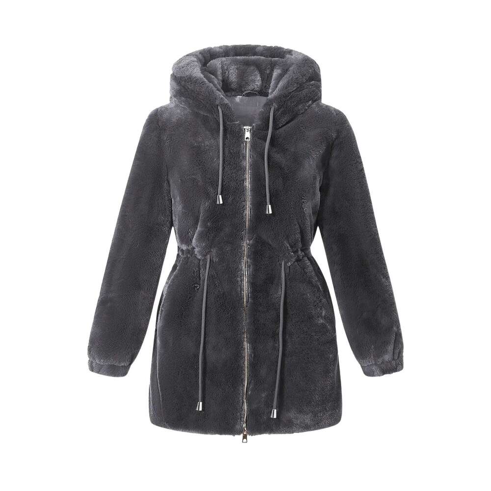 Women S Elegant Cream Faux Fur Hooded Jacket Casual Fall Winter Outerwear With Drawstring Waist And Zipper Pockets