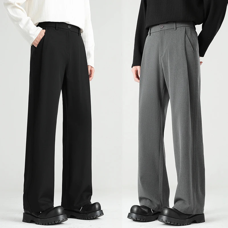 Autumn Mens Black Gray Suit Pants Loose Straight Drape Solid Color Elastic Business Work Casual Trousers Fashion Clothing 251028
