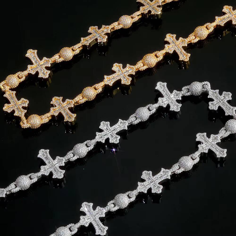 NUOYA Iced Out moissanite Pants Chain 18MM Silver Plated Cross Round Bead Design Bling Diamond Fine Jewelry Designer's style