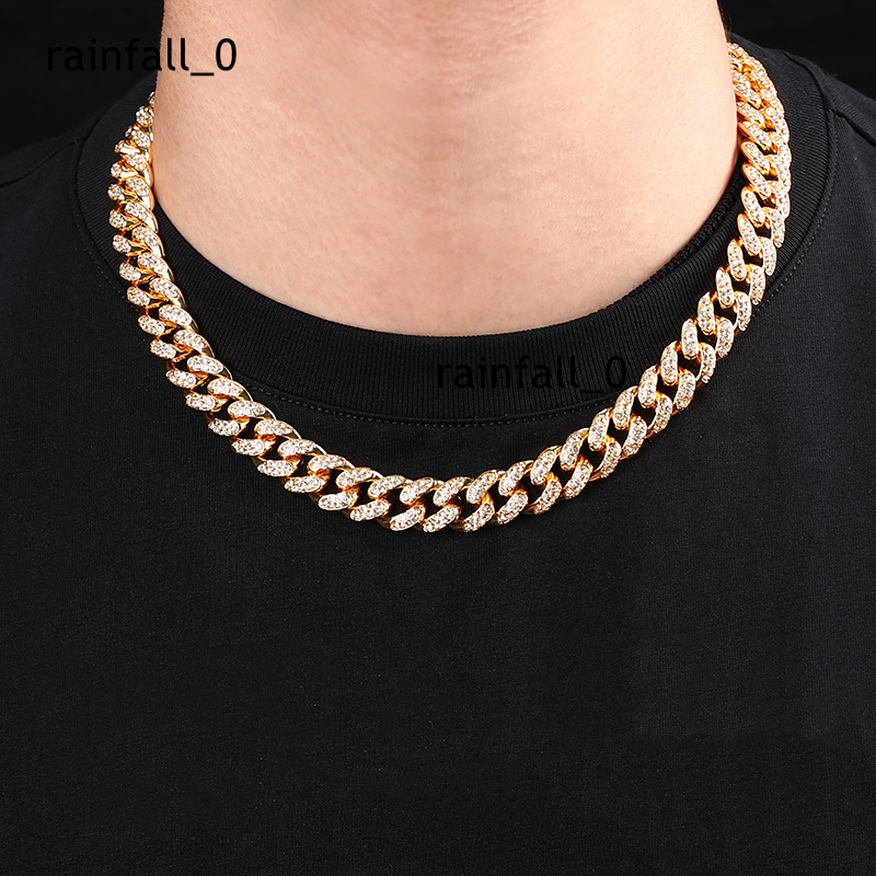 Wholesale High Quality Gold Golden Bling Rhinestone Miami Cuban Link Chain Necklace Hiphop Fashion Wedding Gift Zinc Alloy