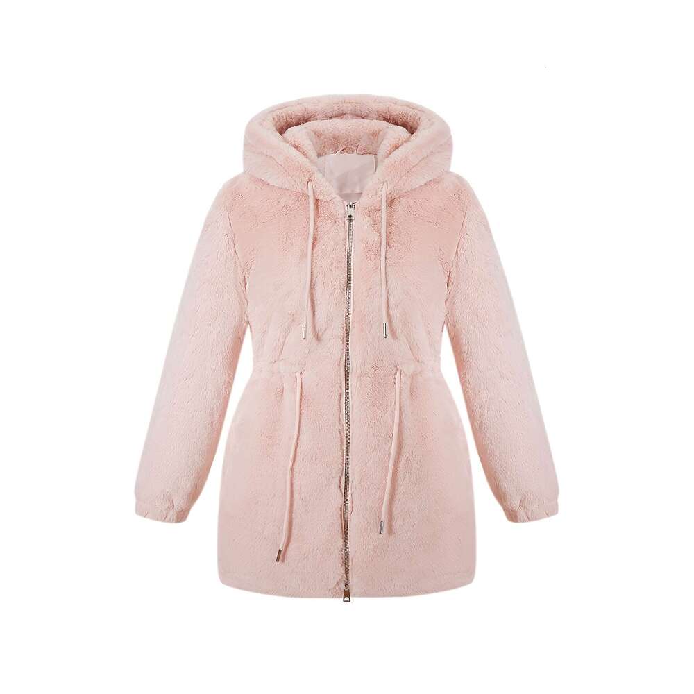 Women S Elegant Cream Faux Fur Hooded Jacket Casual Fall Winter Outerwear With Drawstring Waist And Zipper Pockets
