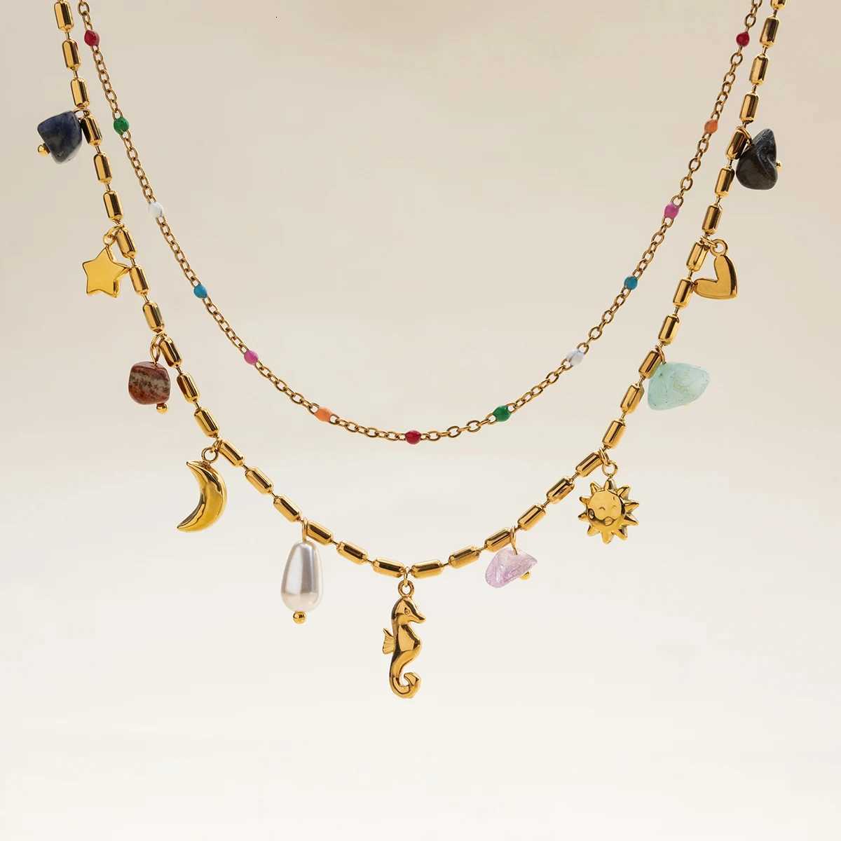 Uworld Fashion Vacation Style 18K Gold Color Plated Stainless Steel Natural Color Stone Pendant Necklace Stackable Double layerXJ251030