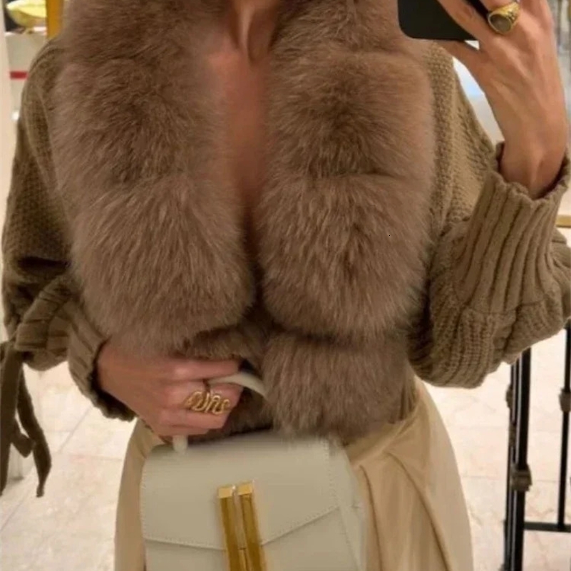 Winter Fashion Knitting Cardigan Placket Coat Women Casual Real Fox Fur Coat Short Warm Knitted Jacket with Natural Fur i251029