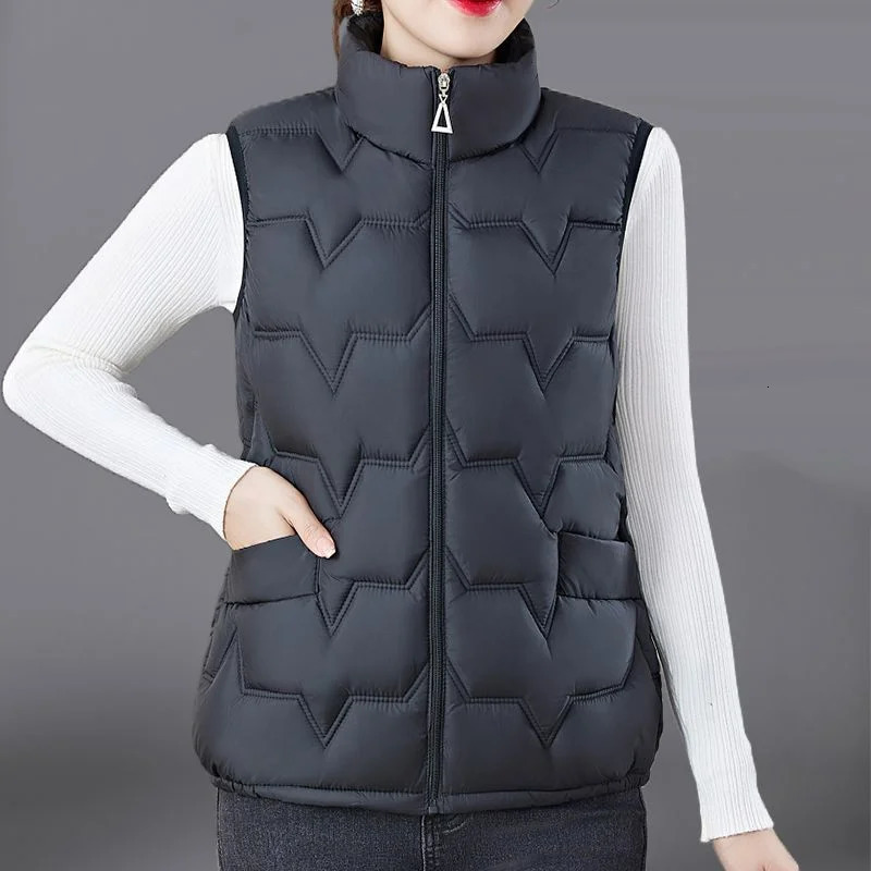 Fashion Women Down Cotton Jackets Vests Solid Stand Collar Zipper Cardigan Thicken Autumn Winter Warm Casual Sleeveless Coats 251024
