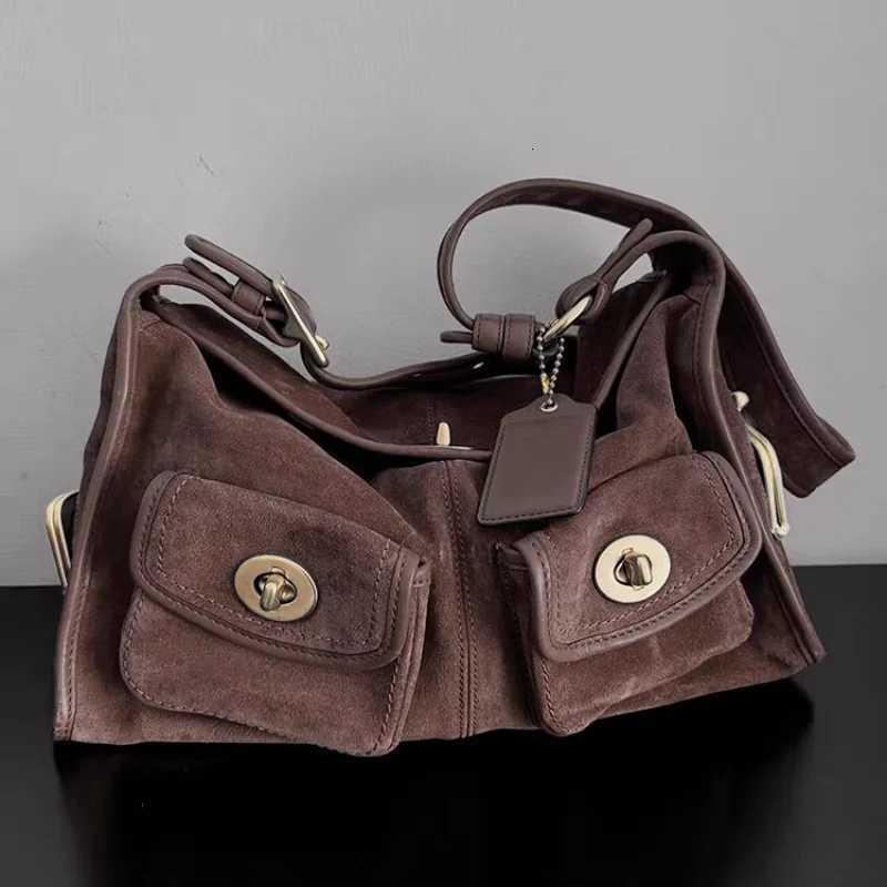 Designer bag Suede Shoder Bag Mtiple Pockets Wide Shoder Strap Underarm Bag Metal Lock Closure Handbags Motorcycle Crossbody Bags Y251029