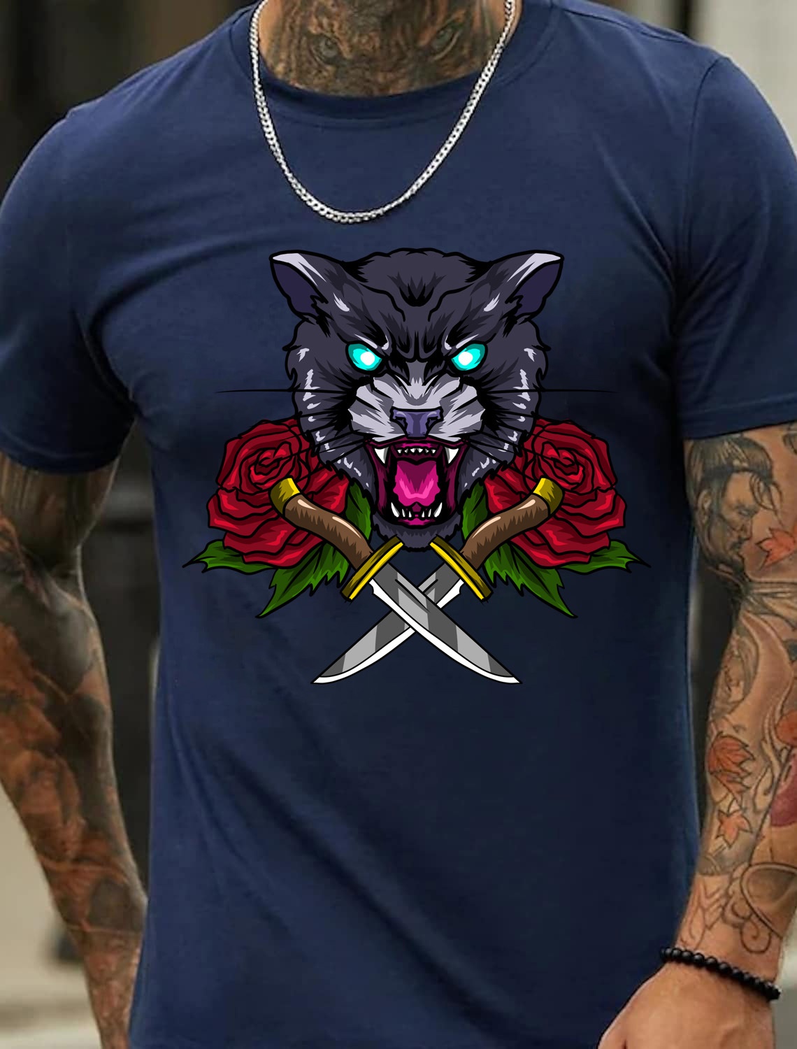 European and American Oversized Animal Print Leopard Head Rose Floral Men's Cotton Summer T-Shirt - TT7060