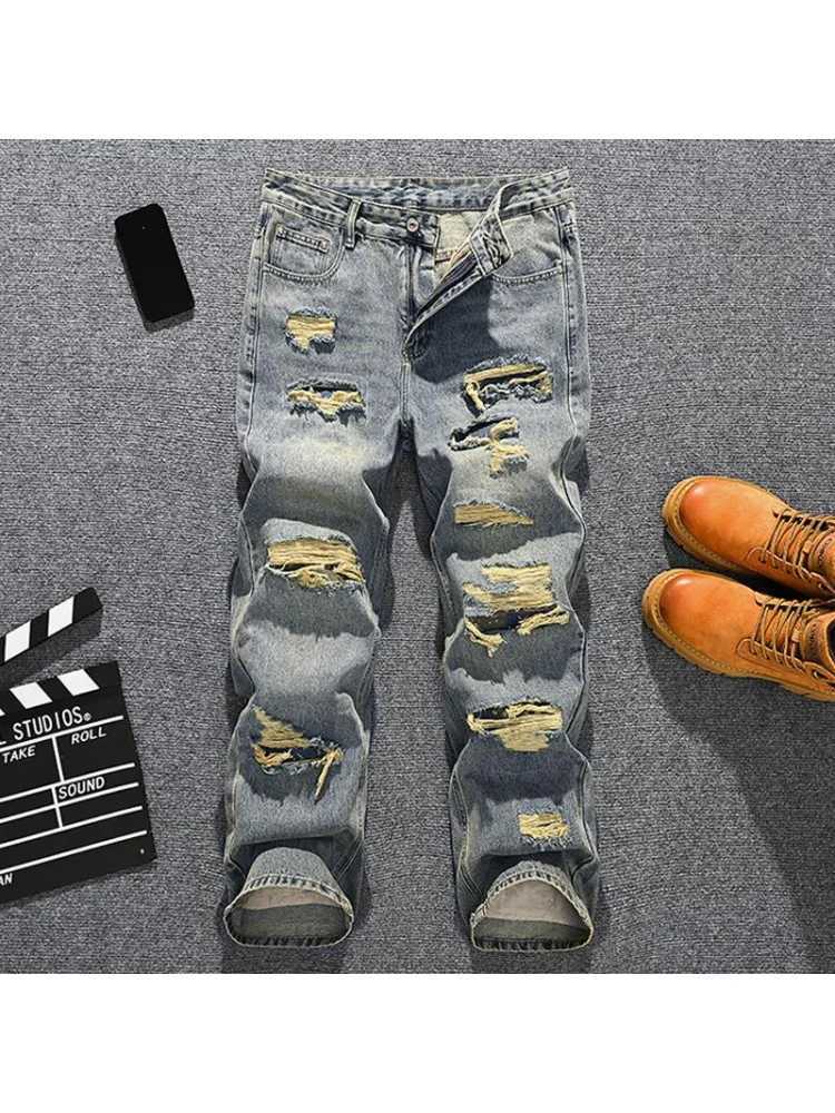 2025 personalized handsome ripped jeans mens street fashion brand loose straight leg wide leg retro distressed denim pants J251030