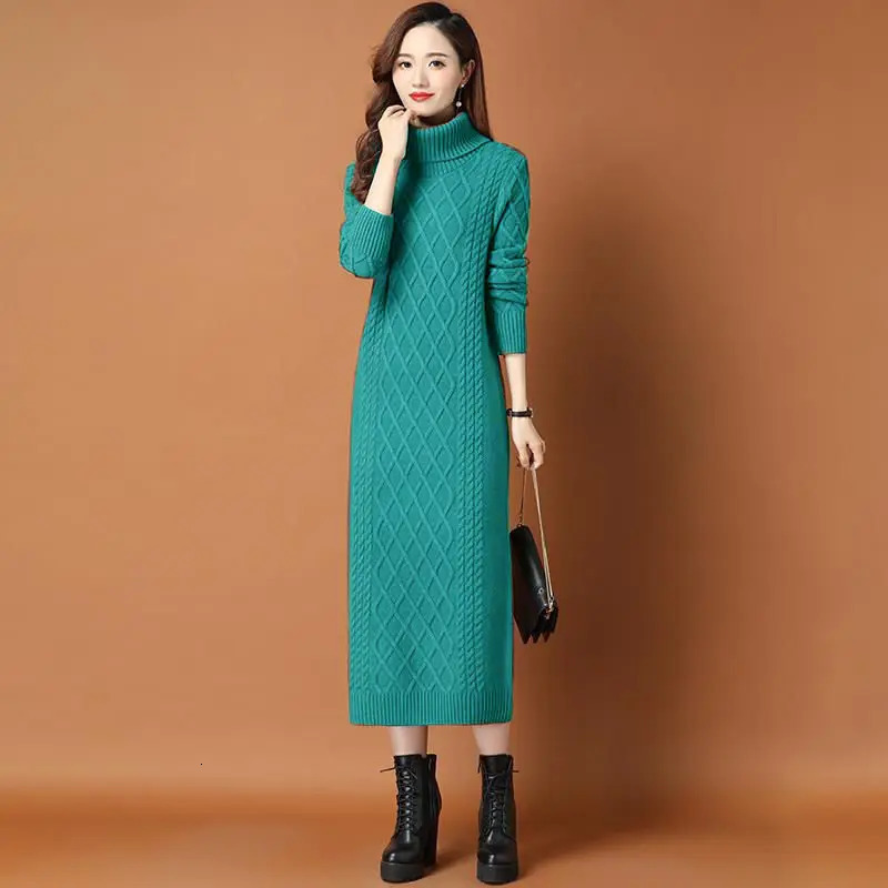 Female High Neck Long Sweater Women Thickened Autumn Winter Loose Outer Wear Twist Base Dress Femme Knit Dress Elegant 251029