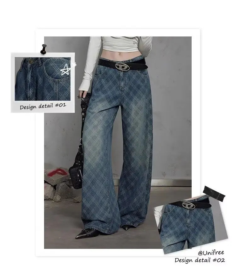 Grid Jeans American Casual Style Vintage Straightcut Loosefitting Highstreet Wideleg Pants Y2k Baggy Jeans Ladies Jean Woman 251029
