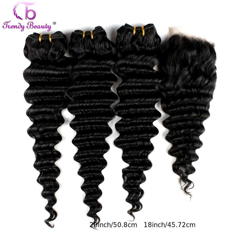 Brazilian Virgin Human Closure Unprocessed Hair Deep Wave Bundles With Transparent Lace 4X4 Free Part 4Pcs