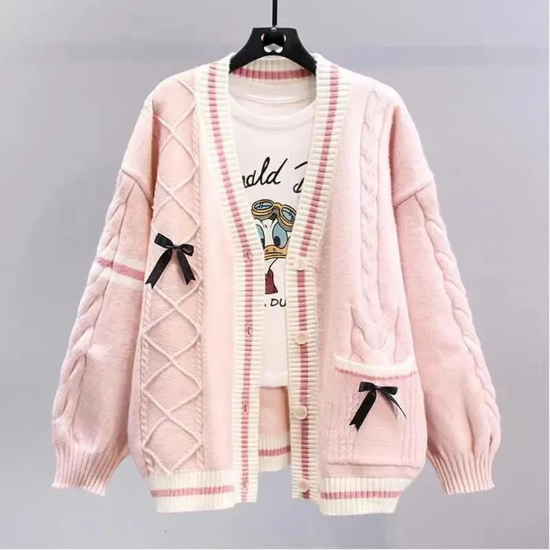 Sweet Bow Sweater Cardigans Women Y2K Aesthetic Contrast Color VNeck Knitted Cardigan Kawaii Jk Single Breasted Sweaters Coat 251028