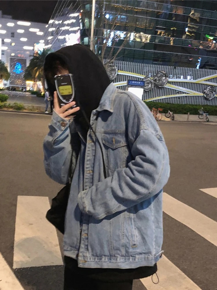 Gmiixder Black Denim Jacket Mens Autumn Handsome High Street Retro Big Pocket Tooling Coat Hong Kong Style Oversize Jeans Top 251016