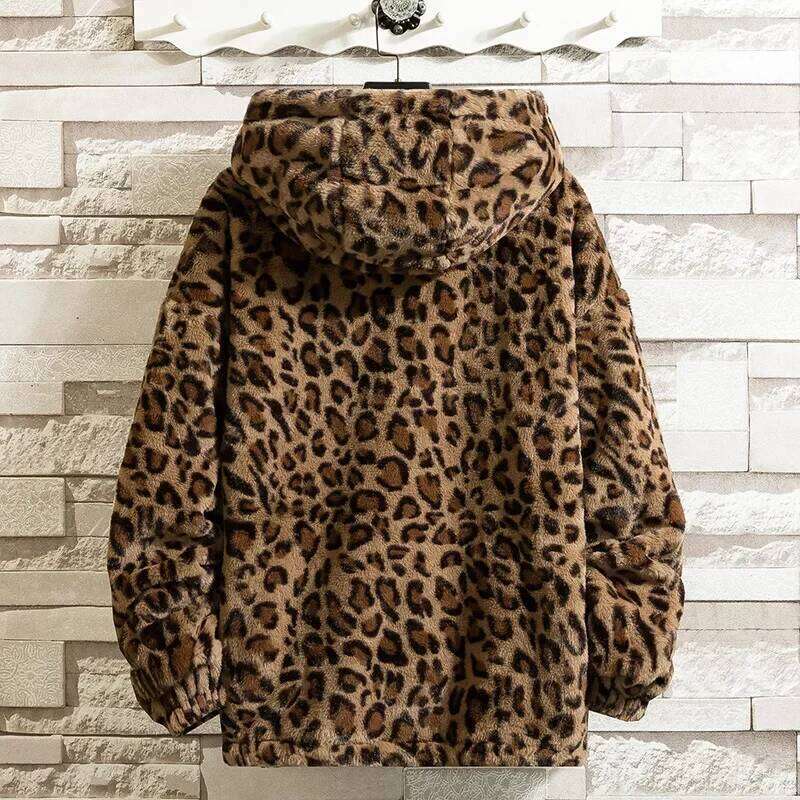 2024 Men's Leopard Print Handsome Imitation Mink Hooded Jacket Fleece-Lined Warm Down Cotton