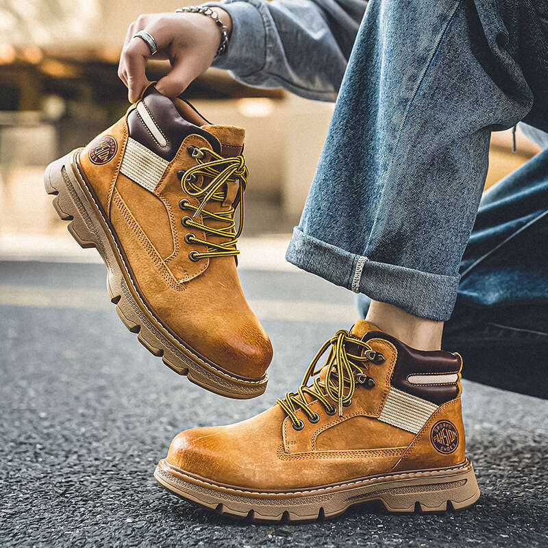 Top Layer Pigskin Martin Cargo Shoes Handcrafted Color Rubbed American Street Style Yellow Boots