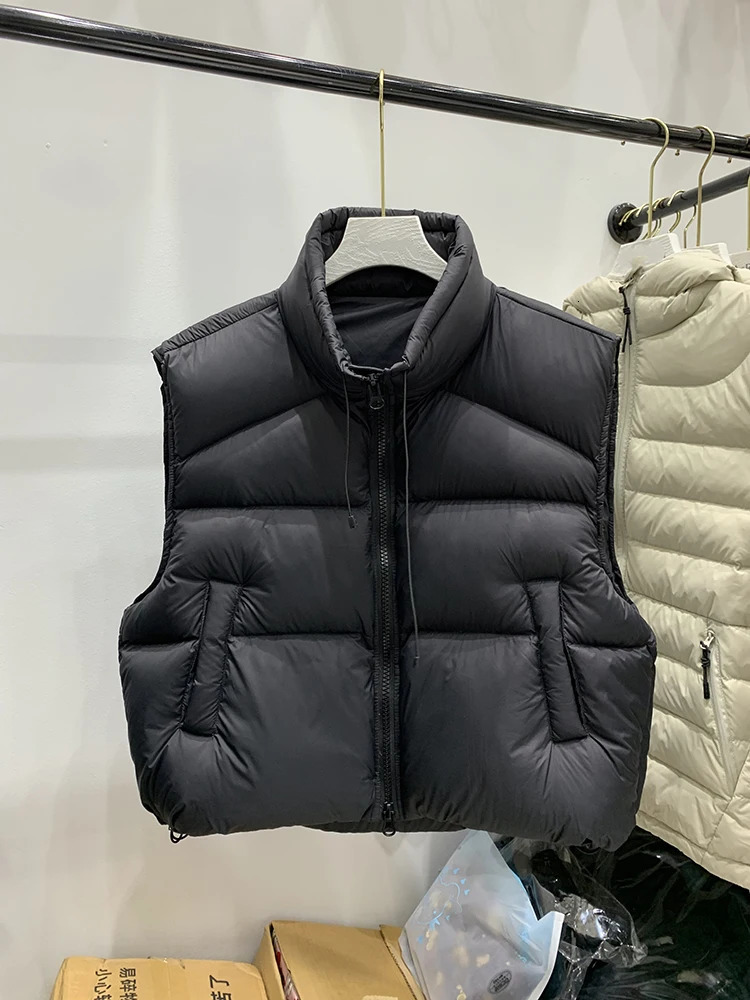 Autumn Winter Drawstring Stand Collar Down Vest Women White Duck Down Sleeveless Puff Vests Female Double Zipper Warm Waistcoats 251029