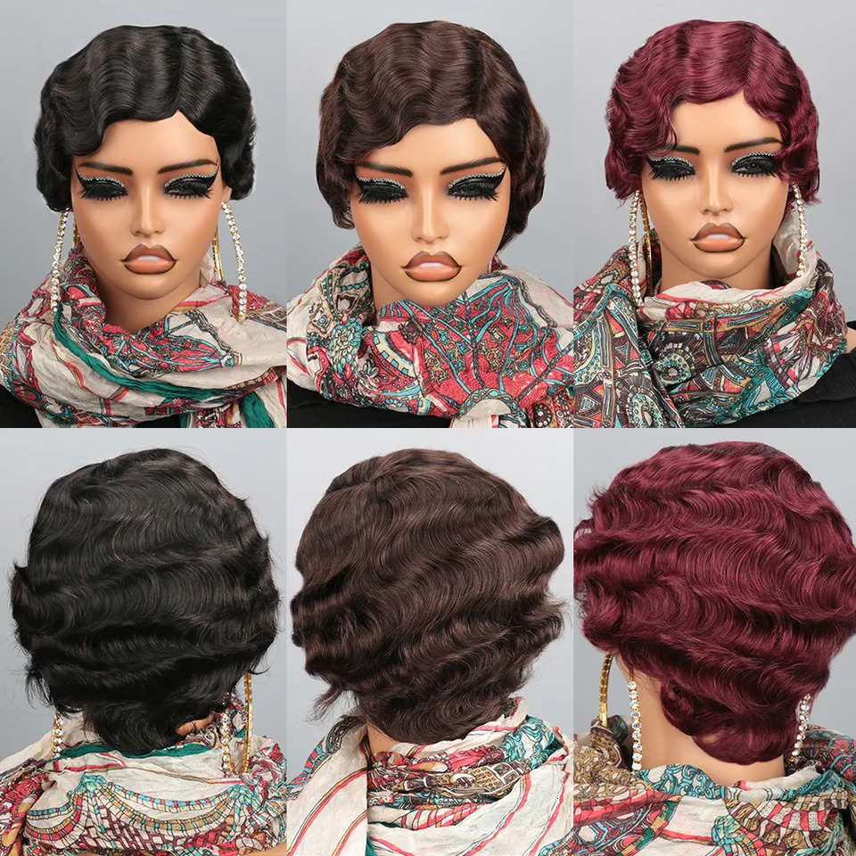 Short Finger Wave Wig Human Hair Wig For Women Brown Short Ocean Wave Wig Pixie Cut Wigs for Woman Natural Color 251106