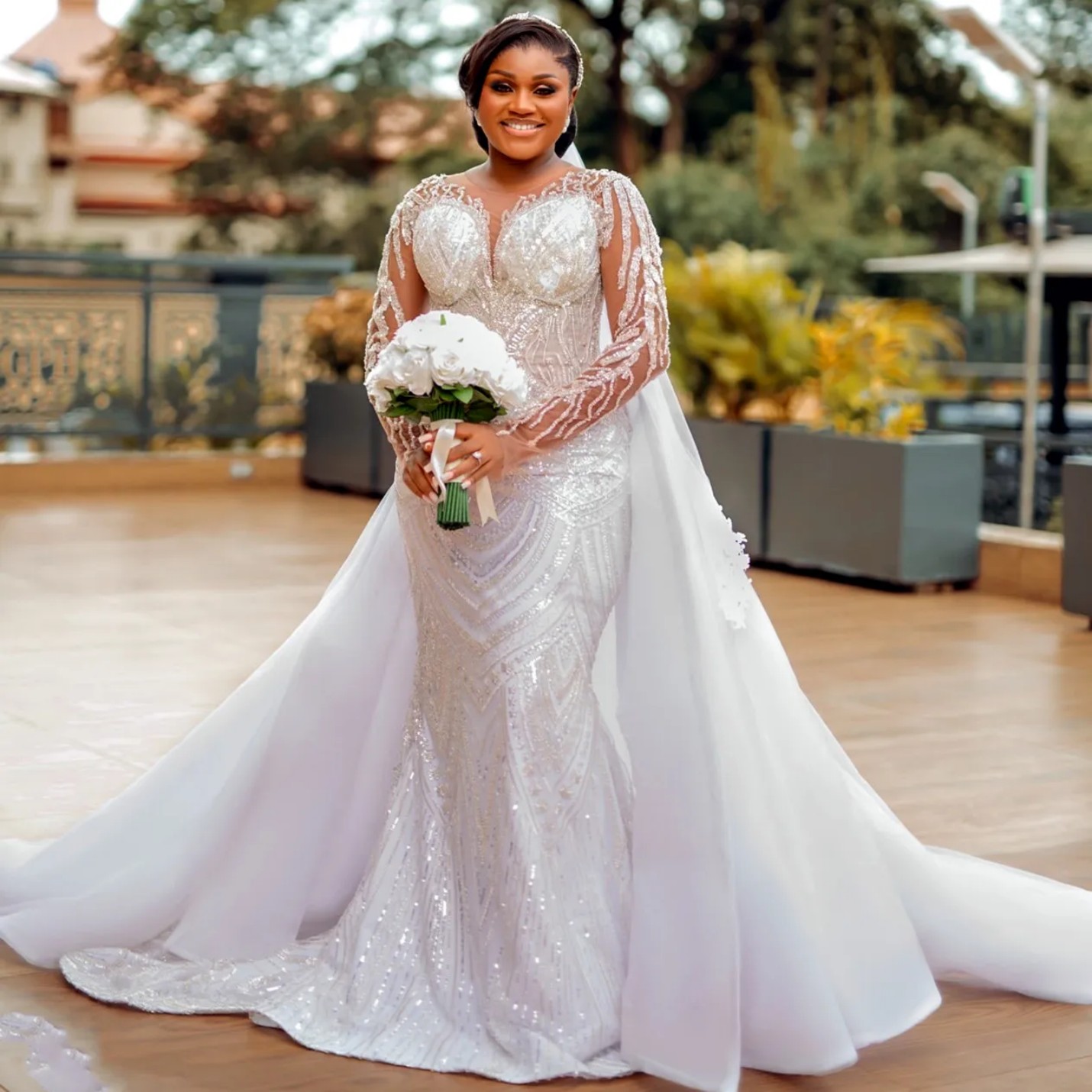 Ivory Mermaid Wedding Dresses Plus Size Lacefull Beaded Detachable Train Full Sleeves Bridal Gowns Dress