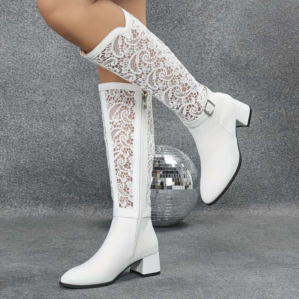 Women's Elegant White Lace-Up With Side Zipper - Chunky Heel, Pointed Toe, Faux Cover Fabric Upper, Comfortable For Fall & Winter, Stylish Indoor