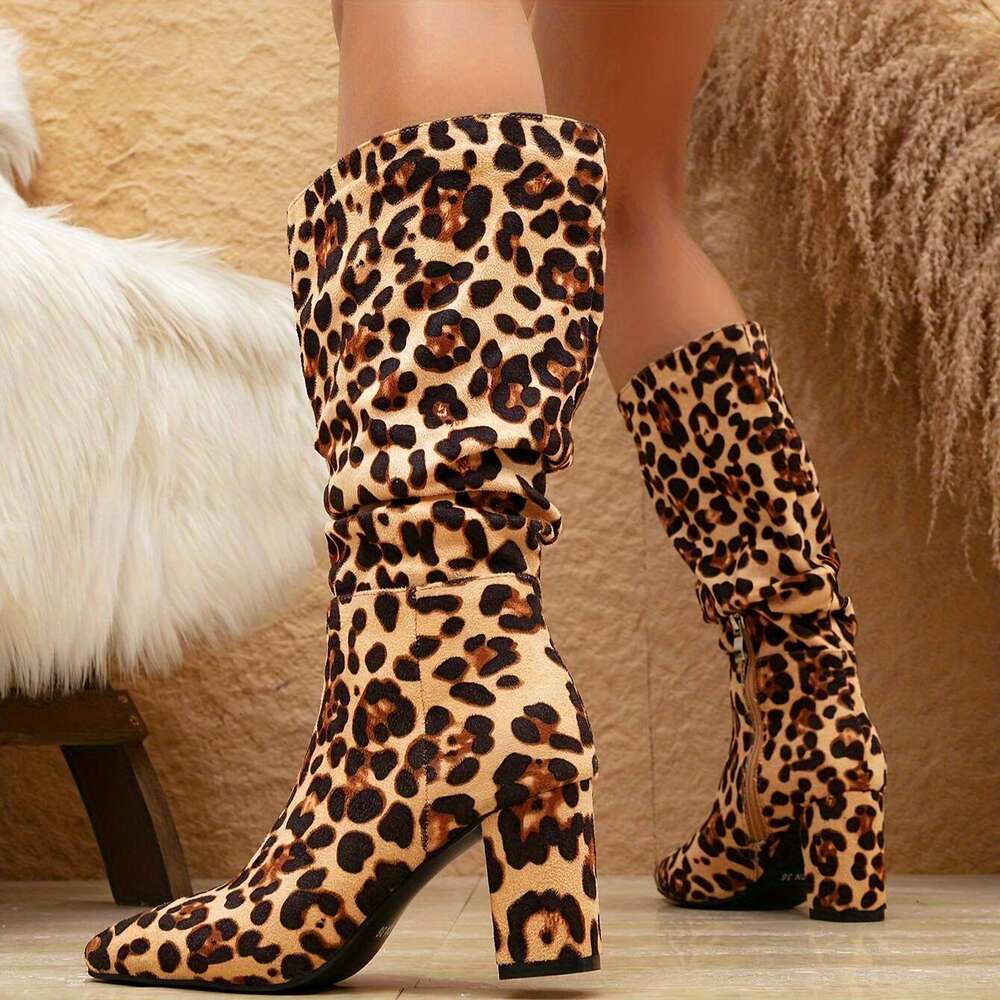 Women's Heel Boots With Leopard Print, Pointed Toe, Block Zipper Closure, Winter All-Season, Flannel Upper, Mesh Inner, Rubber Sole, High Heel, H