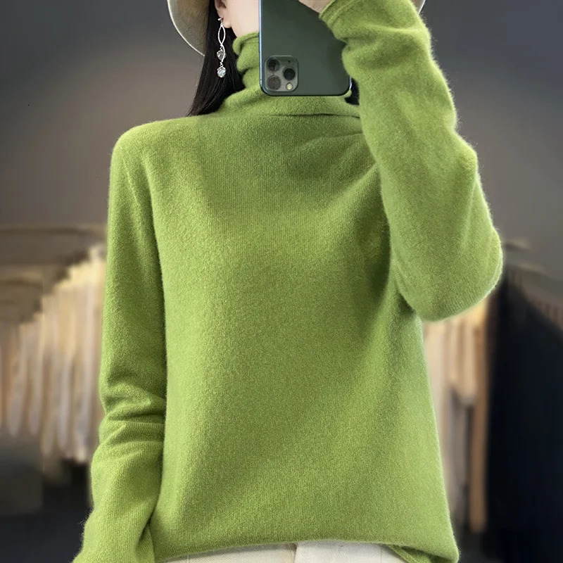 Fashion 100 Merino Wool Sweater Elegant Cashmere Pullover Women Pile Collar Long Sleeve Knitwear Basic Clothing Jumper Tops 251028