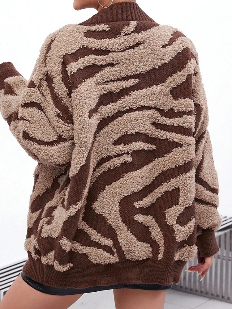 Zebra Stripes Long Sleeved Knitted Cardigan Women Autumn Winter Thick acquard Sweater Contrasting Color Soft Warm Jackets 251028