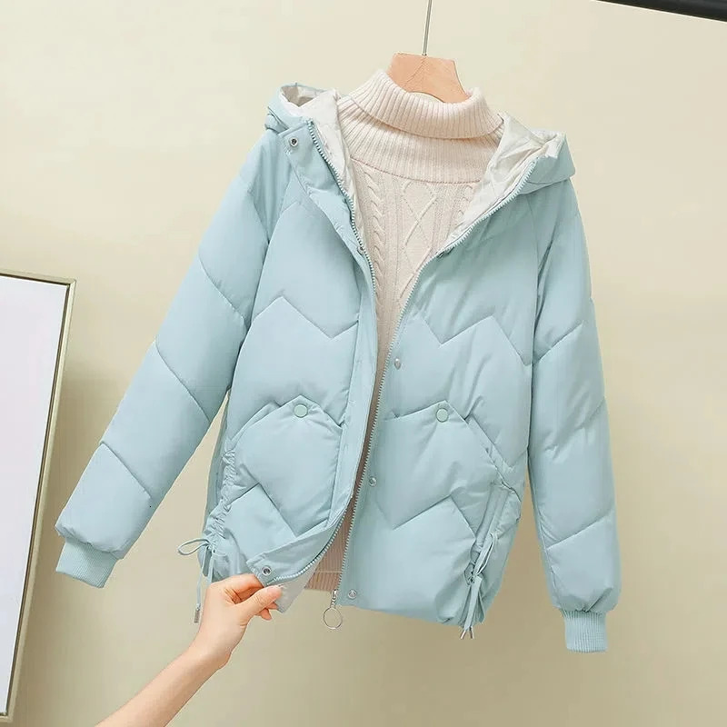 Female Hooded Warm Jacket Loose Down Cotton 2025 Winter Parka Korean Thickened Short Padded Green 251015