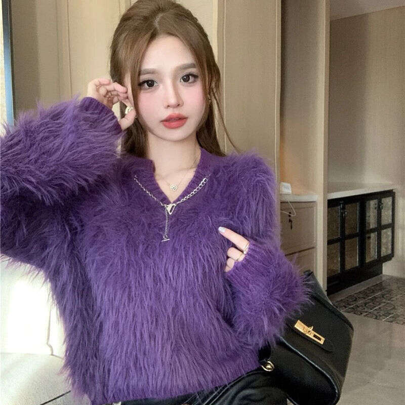 Design Sense Waterproof Mink Wool Sweater for Women, Autumn and Winter New Lazy Style Korean Version Fuzzy Knitted Pullover Outerwear Top