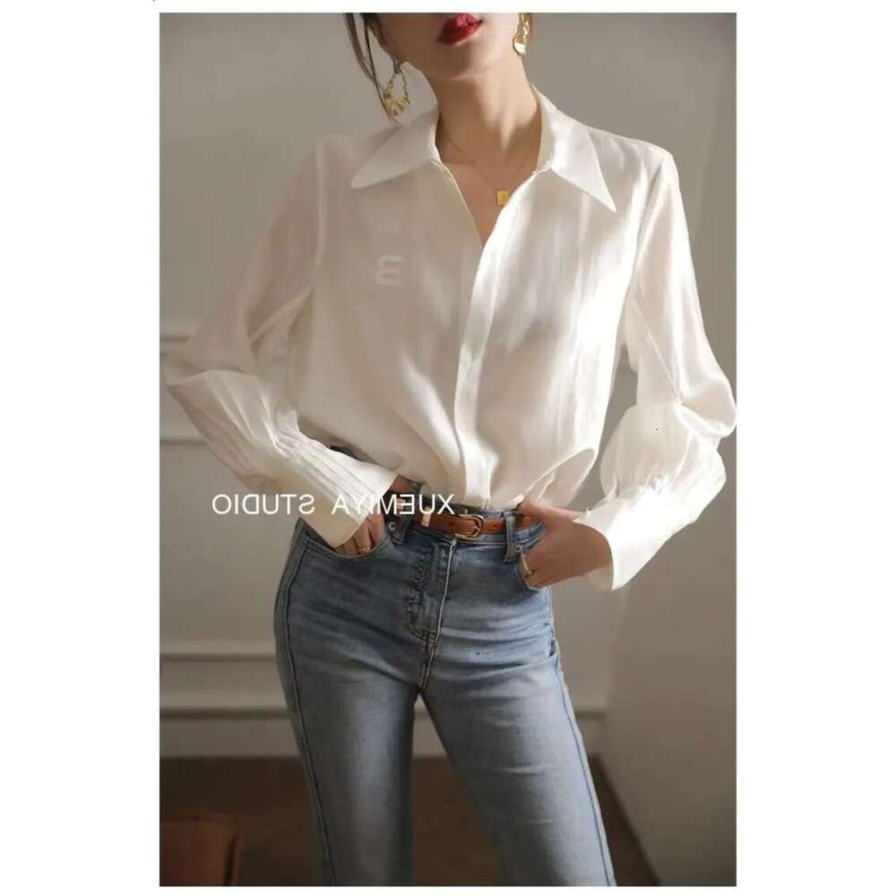 Early spring single tailed womens white shirt n with pleats imitating silk long sleeved