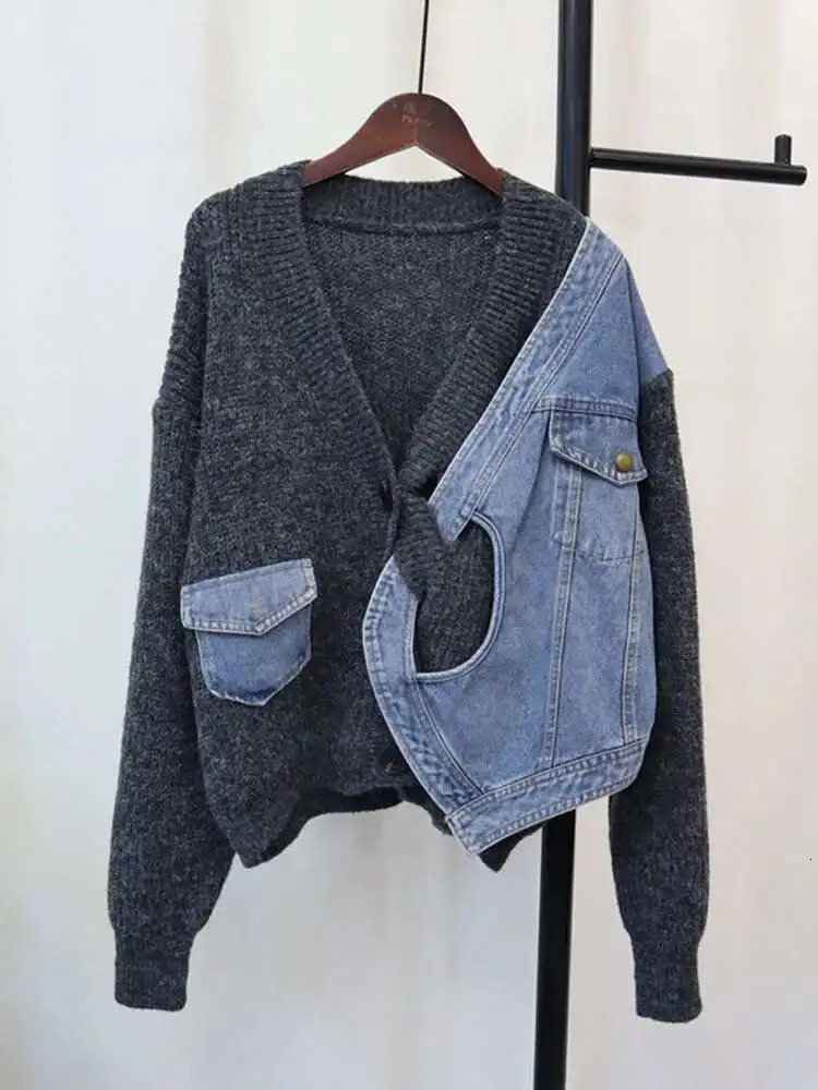 DEAT Spliced Denim Knitted Cardigan For Women Loose Casual Versatile Sweater Jacket Female Trend Autumn Items 33A2097 251029