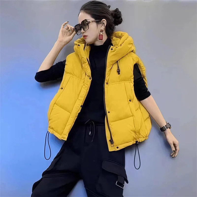 Down Cotton Vest Padded Women Loose Hooded Waistcoat Warm Vest Cotton Coat Ladies Casual Sleeveless Waistcoat Female Tops 251024