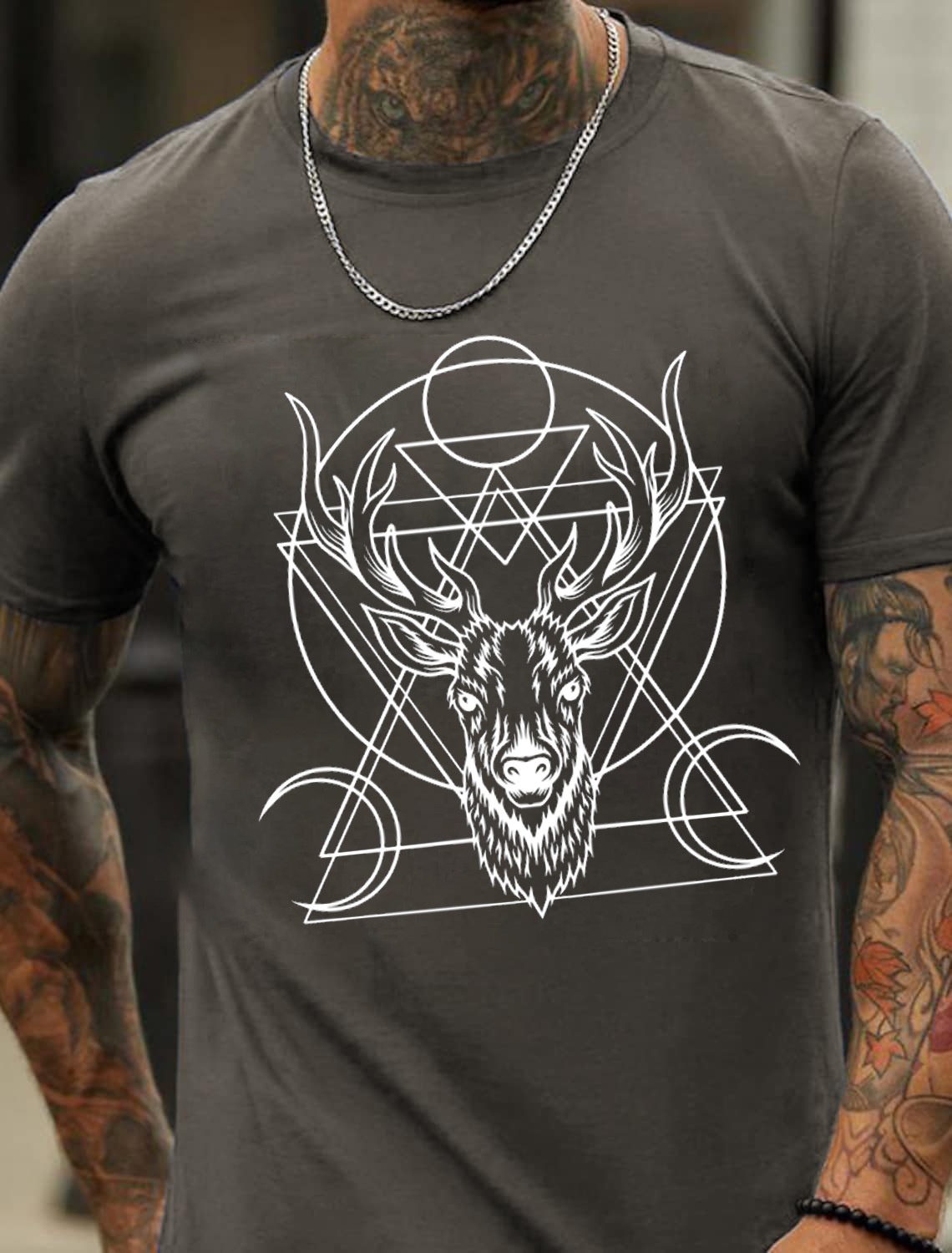 European & American Oversized Deer Head Geometric Print Men's Cotton Summer T-Shirt - TT7193