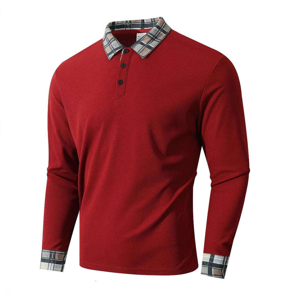 New Men's Autumn Outdoor Fashion Breathable Turn-Down Collar Sports Casual Long Sleeve Plaid Polo Shirt