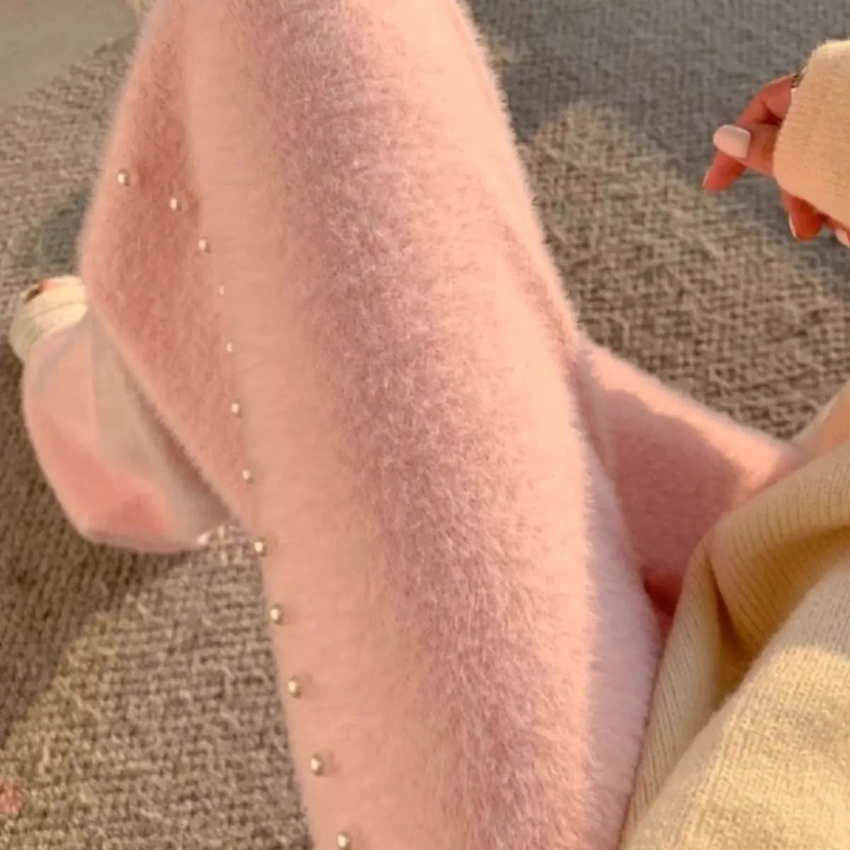 Pink Mink Fur Nail Bead Knitted Wide Leg Pants for Women in Autumn and Winter Lazy Relaxed Casual Straight Long 251027