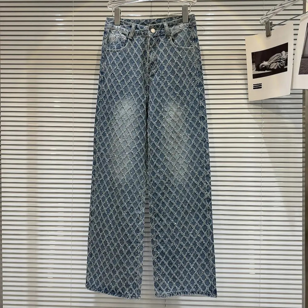 Spring Elegant Diamond Lattice Jacquard Pattern Washed and Worn Wide Leg Jeans 251029