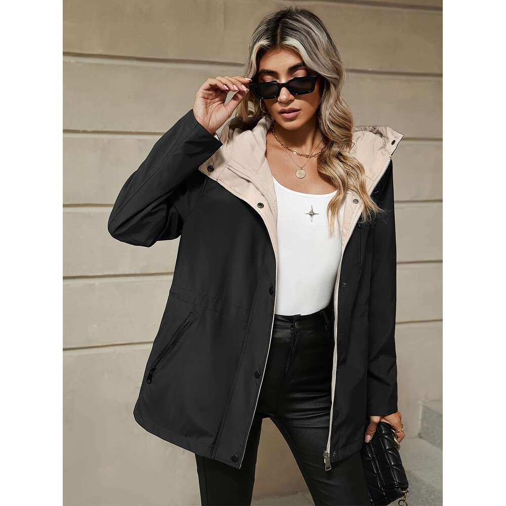 Long Sleeve Double Sided Drawstring Waist Hooded Jacket With Zip Up Button Front And Pocket Casual Women S Clothing