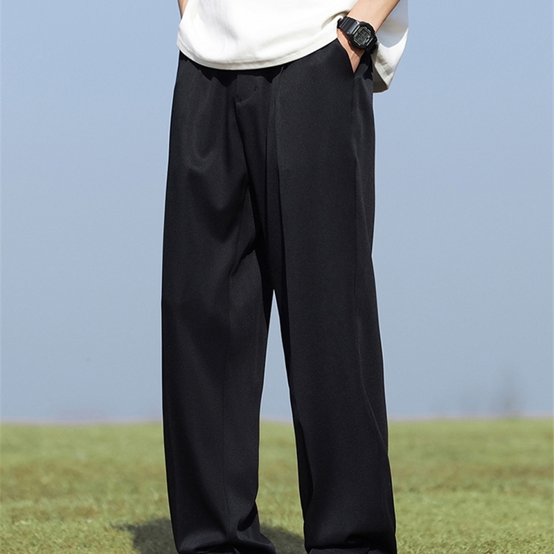 Summer Korean Mens Pants LightThin Polyester Elastic Waist SemiWide Loose Slacks Drape Suit Male Casual Trousers y251010