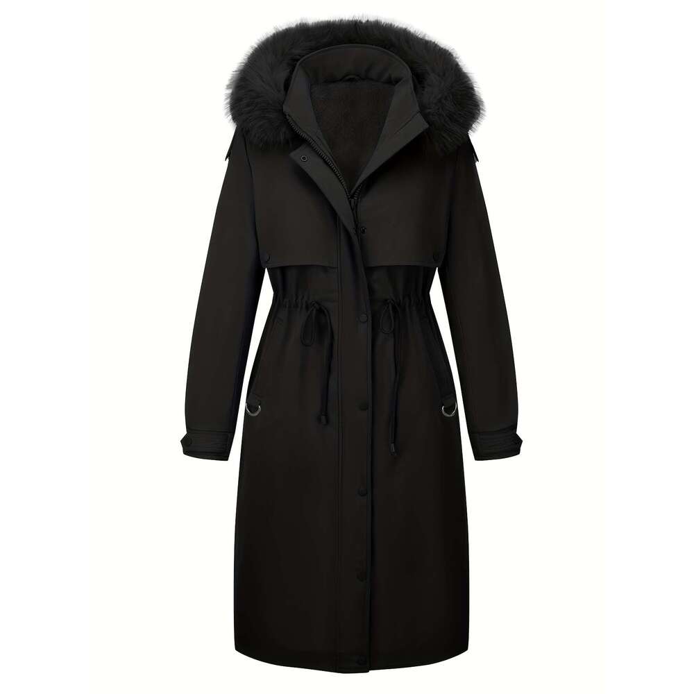 Women S Elegant Coat With Detachable Hood Long Black Jacket Full Zip Front Closure White Faux Fur Hand Dry Clean Non Stretch Outer For Fall Winter Cas