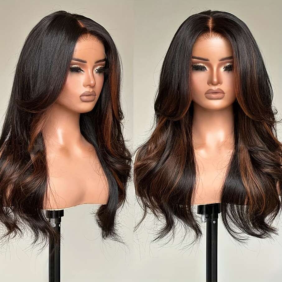 4X4 Ready To Go Brown Highlight Straight Layered Cut Style With Hairline 180% Density Glueless Body Wave Human For Long Wig Looking Natural Brazilian 